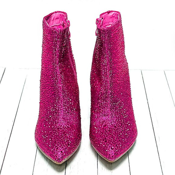 Restocked New Fuchsia Pink Rhinestone Pointed Toe Chunky Heel Ankle Boots Bootie - Picture 9 of 9